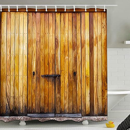 BANLV Cortina de Ducha de Granja de Madera rústica Retro, Puerta de Granero, mamparas de baño, Tela de poliéster Impermeable Extra Larga para decoración de bañera