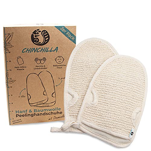 Chinchilla Guante Exfoliante | Es De Algodón Y Cáñamo | Limpieza Suave Para Cuerpo Y Cara | Esponja De Ducha Para Exfoliar & Body Scrub | Guante De Masaje, Beige, Natural, 2 Unidad