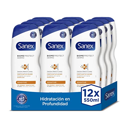 Sanex Biomeprotect Dermo Sensitive, Gel de Ducha o Baño, Piel Sensible, con Prebiótico, Combate las Bacterias, Pack 12 Uds x 550ml