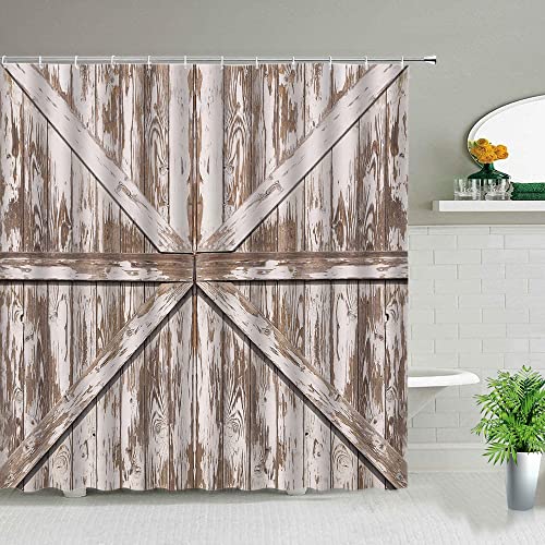 Cortina de Ducha rústica de Puerta de Madera a la Antigua, Tela Impermeable, Cortina de baño, decoración de bañera, mampara de baño S.9 150x200cm