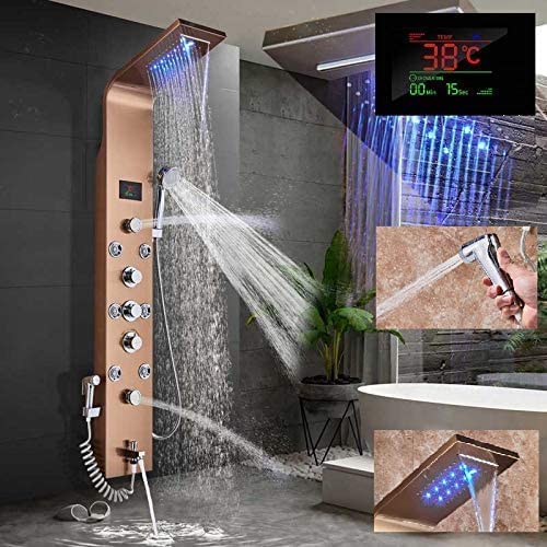 SR-Sanitaer Panel de ducha LED de lujo elegante de acero inoxidable con función de bidé, entrada de bañera, indicador de temperatura y 8 boquillas de masaje, color: oro rosa, 138 x 20 x 48