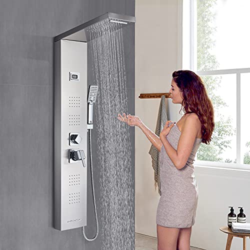 AWorddy Columna de ducha Hidromasaje de acero inoxidable 5 funciones panel de ducha Set y de temperatura (pantalla LCD) para baño, alcachofa fija, masaje, ducha y boquilla bañera.