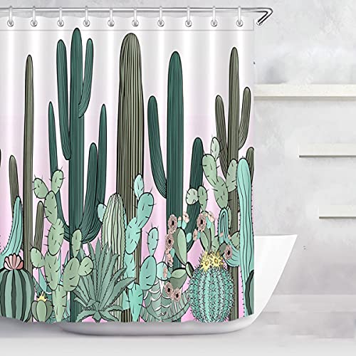 Cortina de ducha con patrón de fondo blanco de cactus verde, cortina de baño, alfombra de baño, alfombra de baño, juego de 4 piezas