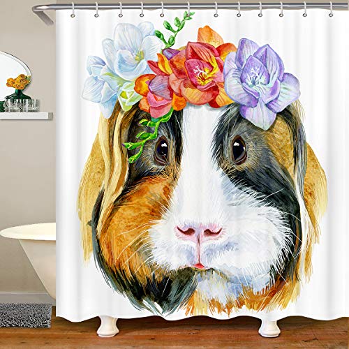 Cortina de baño de conejillo de indias para niñas, linda cortina de ducha de ratón, animal doméstico con flores, cortina de ducha de razas de roedores, cortinas de ducha impermeables para el hogar