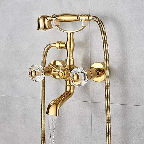 Grifo De Bañera Con Alcachofa De Mano, Latón Grifo Ducha Con Dos Asas, Mezclador Baño Y Ducha Incluye Manguera De Ducha De 1,5 M Y Soporte, Montaje En Pared, Dorado, Diseño Vintage