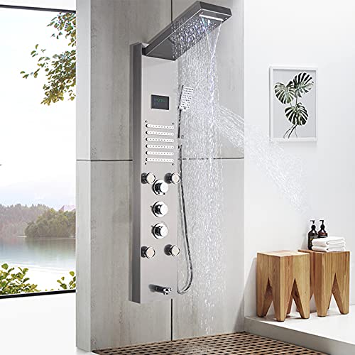 Onyzpily Panel de ducha LED de acero inoxidable, columna de ducha, sistema de ducha de lluvia, alcachofa de mano, juego de 2 boquillas de masaje, níquel cepillado