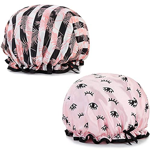 Tweal Gorro de ducha para mujer, 2 unidades, impermeable, doble capa para uso doméstico, baño, balneario, hoja de arce + ojos)