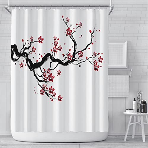 TINGCHAO Revestimiento para Cortina de Ducha Poliéster Simple Elegante Hermoso Rosa Rojo Ciruela Flores Que revolotean Pájaros en Las Ramas Patrón Partición de baño, W 71X H 71inch,M