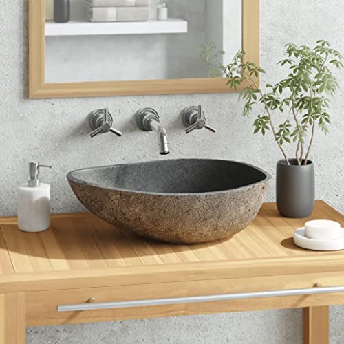 vidaXL Lavabo Rústico Forma Ovalada Piedra Río Natural 37-46 cm Lavamanos Baño