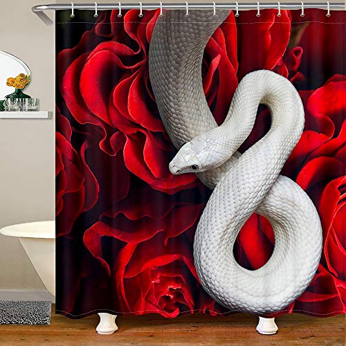 Cortina de baño de serpiente, diseño de flores de rosa, cortina de ducha con pétalos florales para niños, adolescentes, adultos, para duchas, puestos y bañeras, rojo blanco, 72 pulgadas de ancho x 78