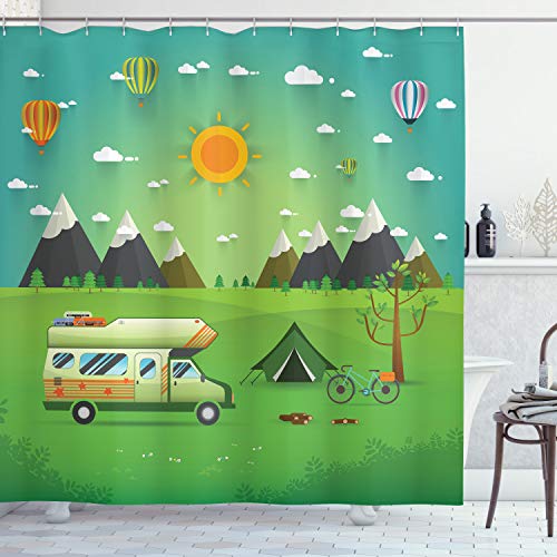ABAKUHAUS Happy Camper Cortina de Baño, Aire Libre Caravana, Material Resistente al Agua Durable Estampa Digital, 175 x 200 cm, Multicolor