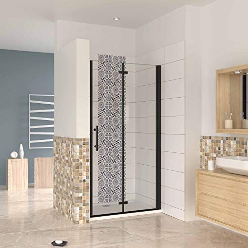 Mampara ducha frontal baño dos puerta plegable con perfil negro mate,estilo industrial, 5 mm cristal templado, Easyclean,80x190cm