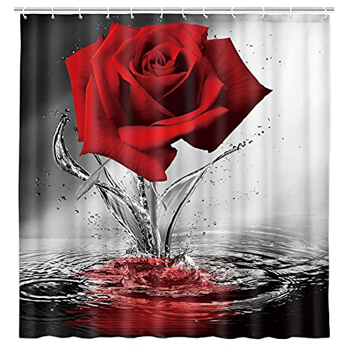 JAWO - Cortina de ducha con diseño de rosas rojas y flores románticas, diseño de rosas rojas en el agua, cortina de baño de tela con 12 ganchos, color negro y rojo, lavable a máquina, 69 x 70 pulgadas