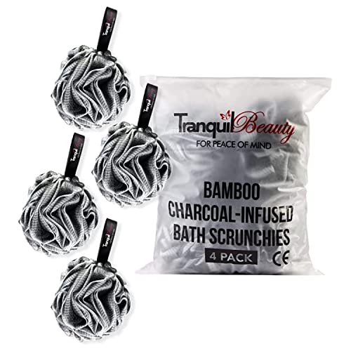 TranquilBeauty Esponja de ducha, Exfolia suavemente tu cuerpo con nuestra esponja de baño para adultos para una piel suave, Date un capricho con una experiencia similar a un spa, juego de 4 Carbón