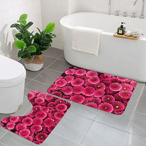 Evealyn 2 piezas de alfombras de baño con estampado de flores rosas florecientes, antideslizantes, rectangulares, con forma de U para baño, bañera y ducha
