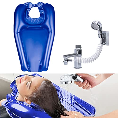Lavacabezas inflable para lavar el cabello, Lavabo portátil con ducha y manguera flexible, Lavacabezas peluquería profesionales portátil para personas mayores, discapacitados, niños(azul)