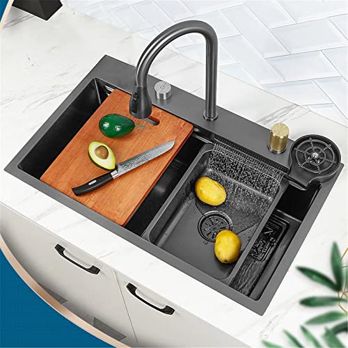 Fregadero de cocina de acero inoxidable 304 individual con cascada, con lavavasos y zona de trabajo, 75 x 46 cm, color negro, C-7546