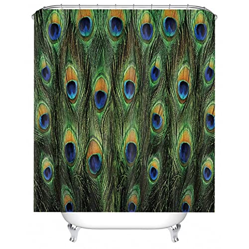 Cortina de ducha verde moderna, cortinas de ducha de poliéster azul con plumas de pavo real 150 x 180 cm, decoración de bañera