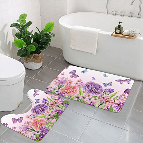 Evealyn 2 piezas de alfombras de baño con estampado de flores rosas y mariposas, antideslizantes, rectangulares, con forma de U, para baño, bañera y ducha