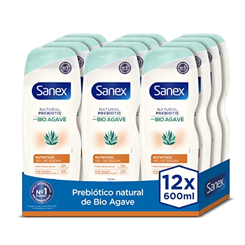 Sanex Natural Prebiotic Bio Agave Nutritivo, Gel de Ducha o Baño, Pieles Secas, Pack 12 Uds x 600ml