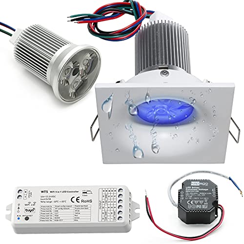 Planetitaly Kit cromoterapia LED 9 W IP65 12 V empotrado ducha sauna baño turco panel táctil RF alexa google centralita WiFi (cuadrado, kit 1 focos 9 W)