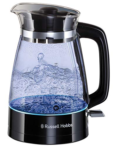 Russell Hobbs Hervidor de Agua Eléctrico Glass Classic - 1,7 litros, 2400 W, Diseño en Cristal Inspirado en lo Artesanal, Iluminación Azul, Detalles en Acero Inoxidable, Negro - 26080-70