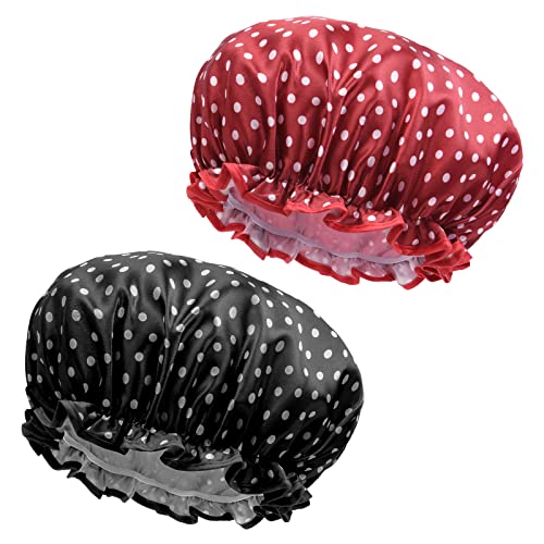 URAQT Gorro Ducha, 2pcs Gorro de Baño Elástico con Doble Cape, Gorro de Spa Para Pelo Reutilizables, Gorro de Ducha para Mujeres y Niñas de Margarita para Hogar/Spa/Viajes/Hotel/Cocina (Rojo+Negro)