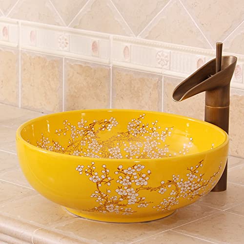 Lavabo sobre encimera China Diseño artístico artístico de la flor del fregadero de la flor del color amarillo Jingdezhen Forma de la flor de la flor de la flor de la flor de la flor de la flor for el