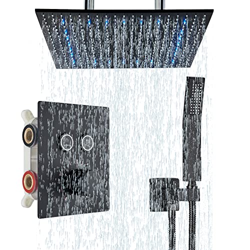 Sistema De Ducha Empotrado,TVTIUO Set De Ducha Termostática Negro Montado en el Techo, LED Alcachofa de Ducha 50cmx50 cm,Ducha de Mano,Cuerpo de Latón