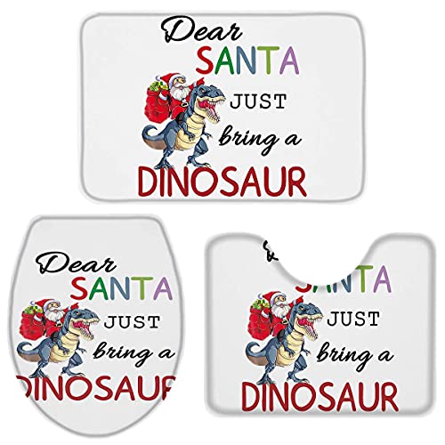 Juego De Alfombrillas De Baño De 3 Piezas Feliz Navidad Dinosaurio Papa Noel Alfombra De Contorno En Forma De U Lavable Alfombrilla De Ducha para Ducha, Bañera, Dormitorio