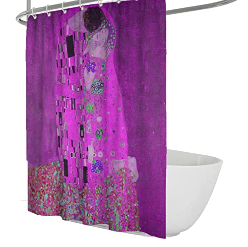 Pintura Famosa Gustav Klimt Beso Obra de Arte Cortina de Ducha Set con Ganchos Púrpura Cortinas de baño románticas de Lujo para baño Secado rápido 180x220cm