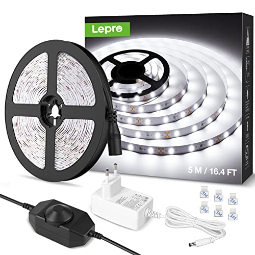 Lepro Tira LED Regulable, Luces Habitación 5M 1200lm, Blanco Frío 6000K, 300 LED, para gabinete, armario y más, Incluido fuente de alimentación de 12V y regulador de intensidad