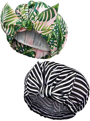 2 Gorros de Ducha de Mujer, Gorro de Pelo de Ducha Reutilizable Impermeable Gorros de Baño Turbante con Dobladillo Elástico para Pelo Largo,Corto y Rizado (Hoja de Palmera y Raya)