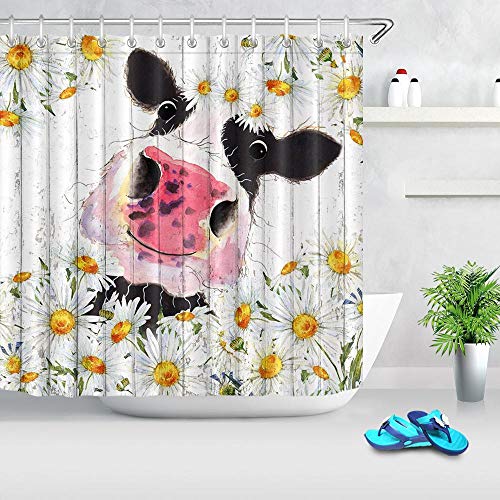 N / A Cortinas de Ducha de Animales Divertidos con Flores Blancas, Margaritas, Tabla de Madera rústica, Cortina de baño, mamparas de baño, decoración-W150xH180cm