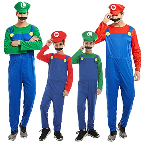 Disfraz de Super Mario para niños con videojuegos, juego de disfraz de héroe para padres e hijos, ropa de Super Mario, incluye sombrero, pantalón y barba, carnaval y juegos de rol (niños, verde)