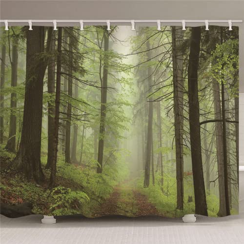 Cortina de Baño Bosque de pinos Verdes Cortina de Ducha, Poliéster con impresión Digital 3D de 180x220 cm, Cortinas de Baño con 12 Ganchos