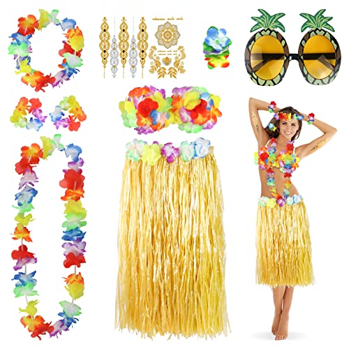YAOYIN 9 Unidades de Disfraz Hawaiano para Fiesta Hawaiana, Disfraz de Mujer con Flores Cadena de Flores con diseño de piña, Gafas de Sol Pulseras de Flores, Sujetador Adhesivo, Disfraz de Carnaval