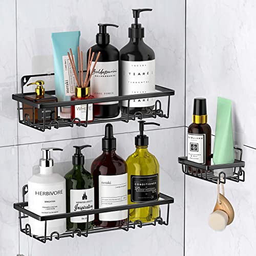 Mkitnvy Estanteria Baño sin Taladro, 3 Piezas Estante Ducha con Jabonera y 6 Ganchos, Estanteria Baño Pared en Acero Inoxidable, Organizador Ducha para Baño Cocina - Negro