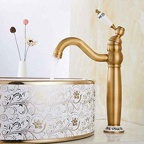 Mezclador de lavabo de baño antiguo vintage grifo de bronce alto de baño monomando de cerámica floral para fregadero (alto, bronce)