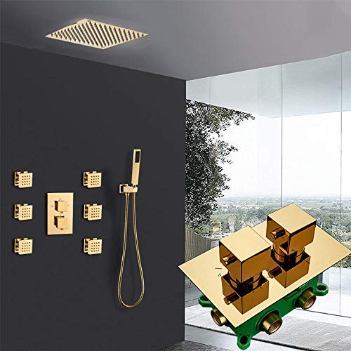 Juego de grifos de ducha termostáticos dorados Grifo monomando termostático dorado empotrado de 3 vías con 6 piezas de chorros de masaje Set de ducha de baño-Juego completo de 12 pulgadas