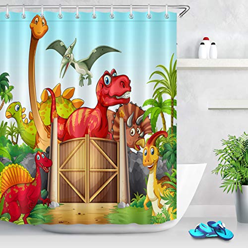 LB Dibujos Animados Animal Salvaje Cortina de la Ducha,Dinosaurios Cortinas de baño de decoración Infantil, 150X180CM Tejido de poliéster Resistente al Agua y contra el Moho