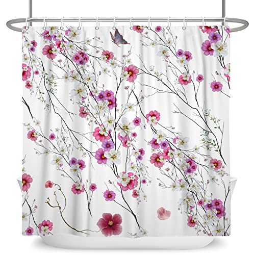 Ttincceer Juego de Cortina de Ducha de Flores 183x198cm 3D Rosa Floral Paisaje de Primavera Cortina de baño Planta de Primavera Moho y poliéster Resistente al Moho Cortinas de Ducha con Gancho