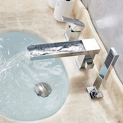 Grifos de cocina Grifos de lavabo Caño largo Cascada Grifo de bañera Mezclador de grifo de bañera difuso cromado Ducha de 3 orificios Conjunto de mezclador de ducha en cascada Juego de ducha