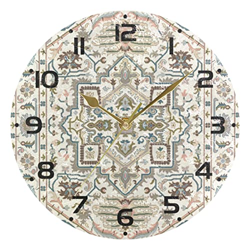 Reloj de pared redondo con diseño de flores bohemias para decoración de la habitación del hogar, reloj de cuarzo atómico, silencioso, Png, amarillo, beige, funciona con pilas, relojes de 10 pulgadas,