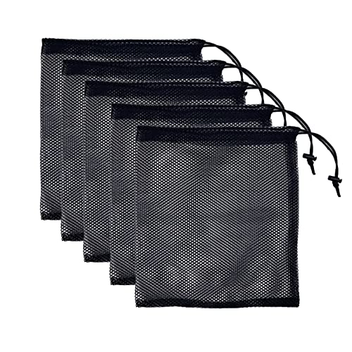 ONEINHE Paquete de 5 bolsas de malla de nailon negro portátil con cordón de almacenamiento de malla para gimnasio, viajes, actividades al aire libre, Negro