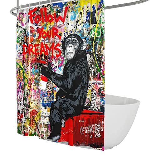 Banksy Multicolor Trendy Cortina de Ducha Animal Street Art Decoración de baño Tela de poliéster Cortinas de baño caseras Lavable a máquina 200x240cm
