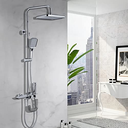Yalsfowe Sistema de ducha, juego de grifo de ducha de 4 funciones con cabezal de ducha, ducha de mano, grifo de bañera de cascada, rociador de bidé, pantalla LED de temperatura,Cromo