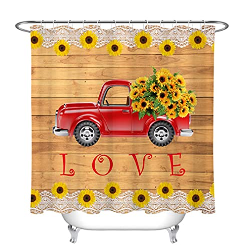 cbvdalodfej Camioneta Pickup roja, Girasol, tablones de Madera rústicos, Cortinas de Ducha para baño, Cortinas de Ducha Lavables, mamparas de baño con Ganchos