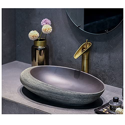 Lavabo Sobre Encimera Ovalado Conjunto Con Grifo ，Cerámica Negra Fregadero Piedra Rustico ，Armario Baño WC ，lavabo Sanitario Bano Proceso De Tallado A(Size:57*37*14CM,Color:Lavabo sobre encimera Suit)