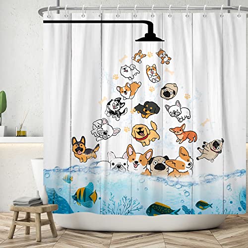 SDOTPMT 105x160cm Divertida Cortina de Ducha para Perros Divertido sueño Cortina de baño Plana Blanca para niños Cortina de bañera Marina Azul Claro para la decoración del baño con Gancho